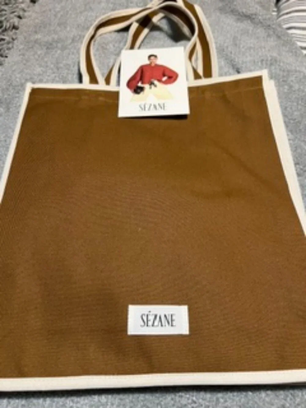 NWOT Sezane New Style Heavyweight Brown/Cream Tote Bag w/ Zipper Compartment
